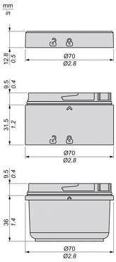 Technische Zeichnung eines zylindrischen Behälters mit Deckel, dargestellt in Seiten- und Frontansicht, mit beschrifteten Abmessungen in mm/Zoll: 70 mm (2,8 Zoll) Durchmesser, 12,8/9,5/31,5/36 mm Höhen.