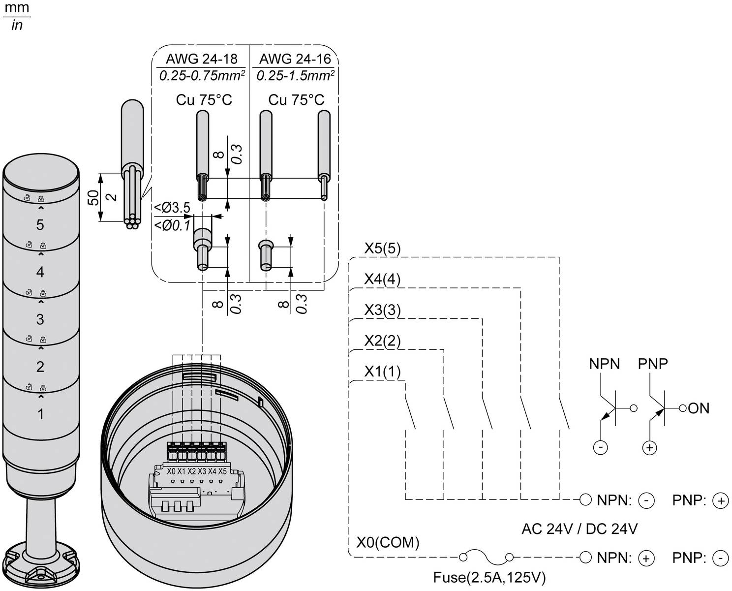 Schaltschema für einen 5-Tasten beleuchteten Druckschalter mit Anzeige des Anschlussplans, Drahtabisoliermaßen und AC/DC 24V NPN/PNP Anschlussoptionen.