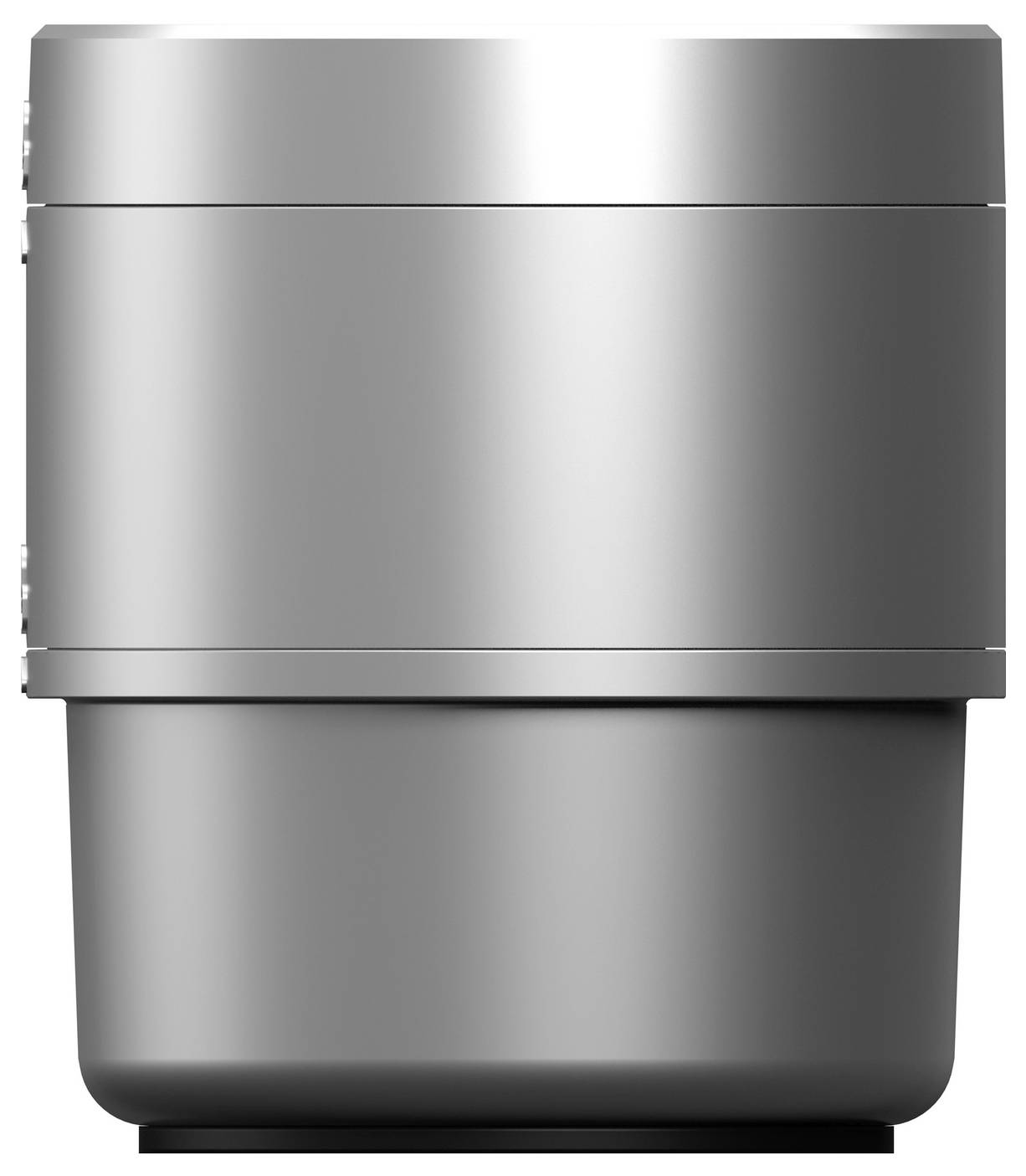 Silberner zylindrischer Metallbehälter mit gewölbtem Deckel, isoliert auf weißem Hintergrund dargestellt.