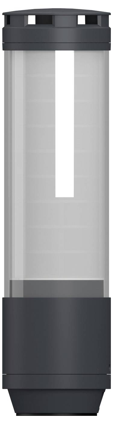 Ein zylindrisches schwarzes und durchsichtiges Außenleuchtenelement oder Poller, Vorderansicht mit einem vertikalen weißen Lichtstreifen innen.