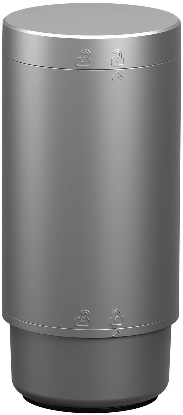 Silberner zylindrischer Mülleimer mit Deckel und Fußpedal, Vorderansicht vor neutralem Hintergrund.