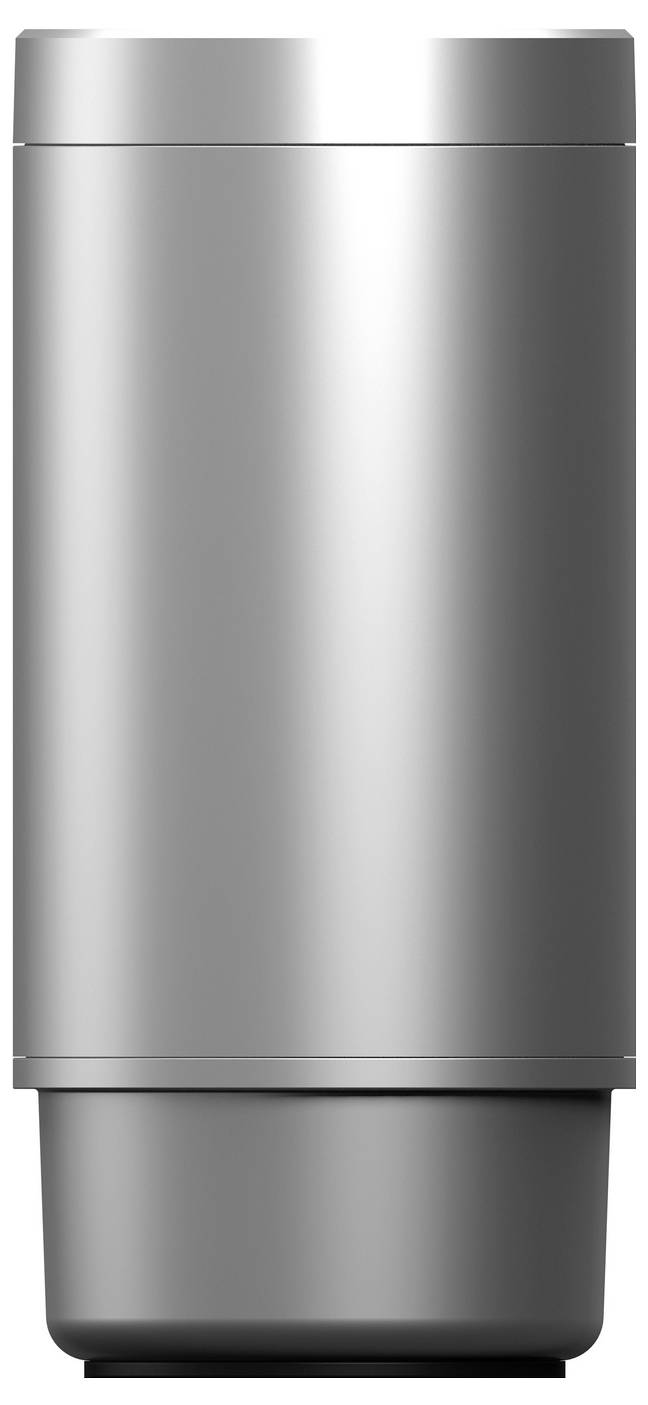 Ein zylindrisches Haushaltsgerät aus Edelstahl mit dunkler Basis, Vorderansicht auf weißem Hintergrund dargestellt.