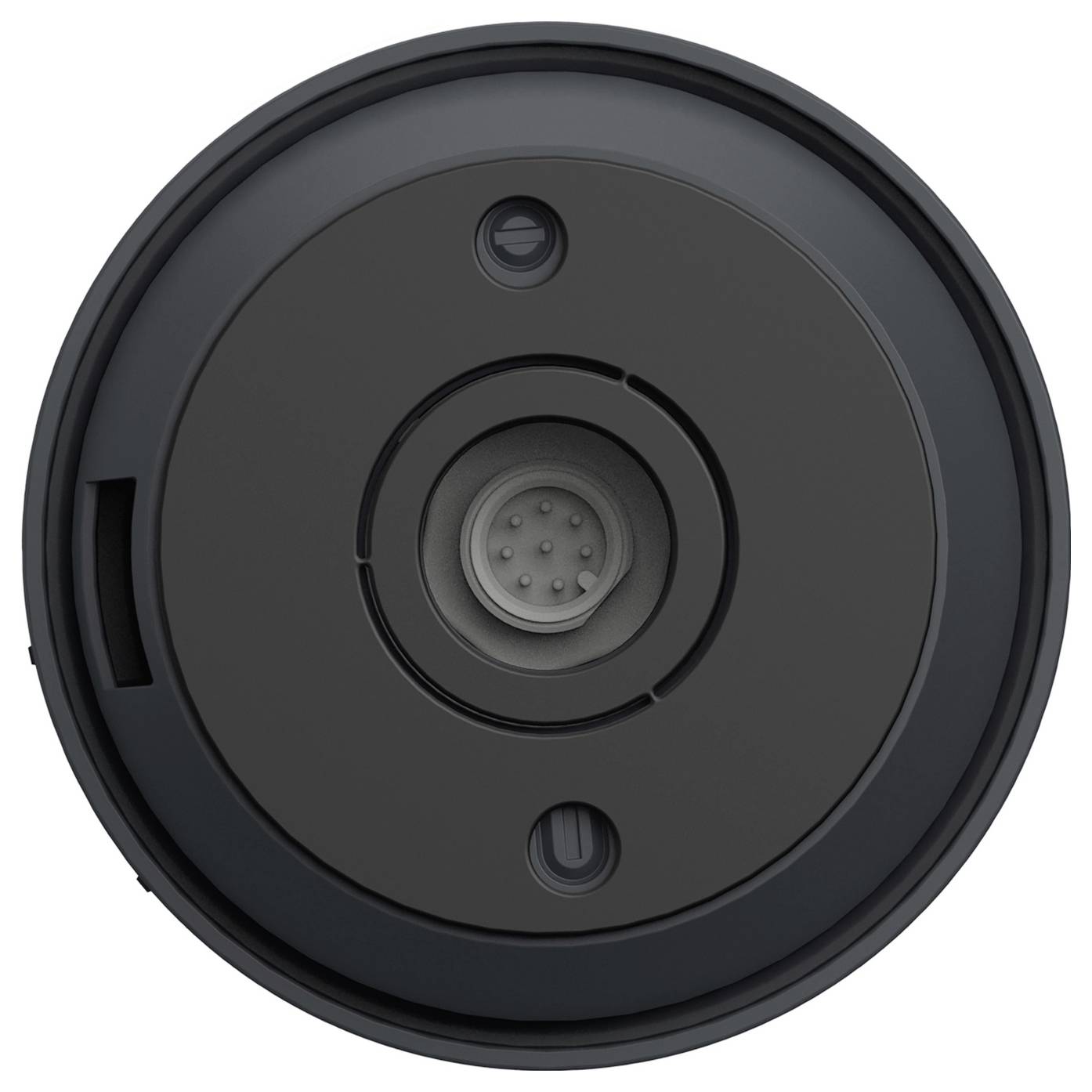 Vertikal an der Wand montiertes zylindrisches Gerät mit einer zentralen rechteckigen Öffnung, vermutlich ein Sensor oder eine Leuchte, dargestellt vor weißem Hintergrund.