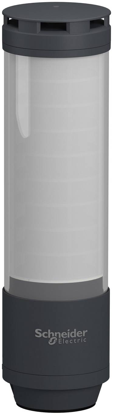 Hohles zylindrisches Schneider Electric-Gerät mit dunklem Oberteil und Sockel sowie transparentem zentralen Gehäuse, dargestellt als Produktabbildung.