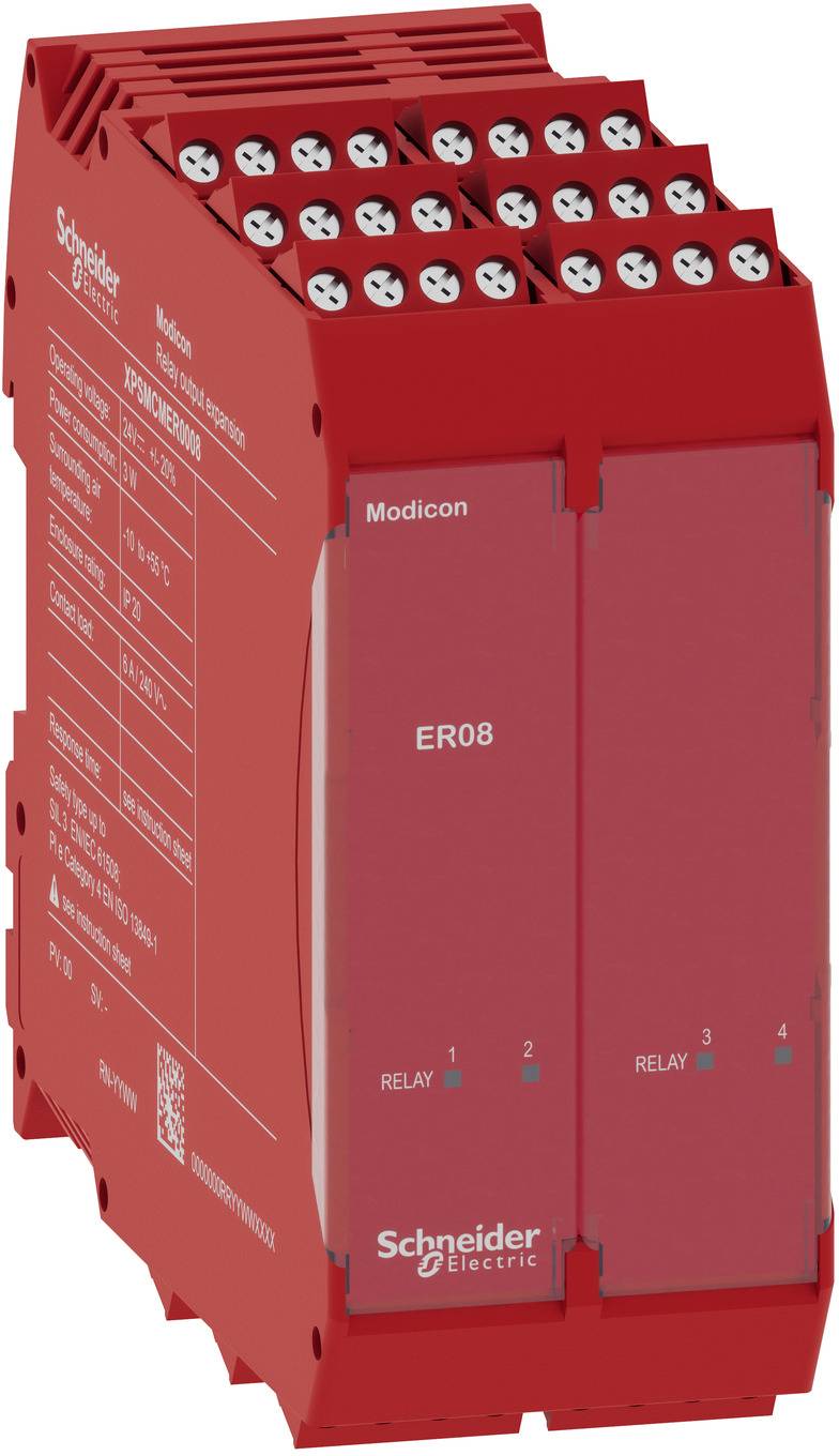 Rotes Schneider Electric ER08 Relaismodul mit Schraubklemmen, in einer produktstylisierten Ansicht dargestellt.