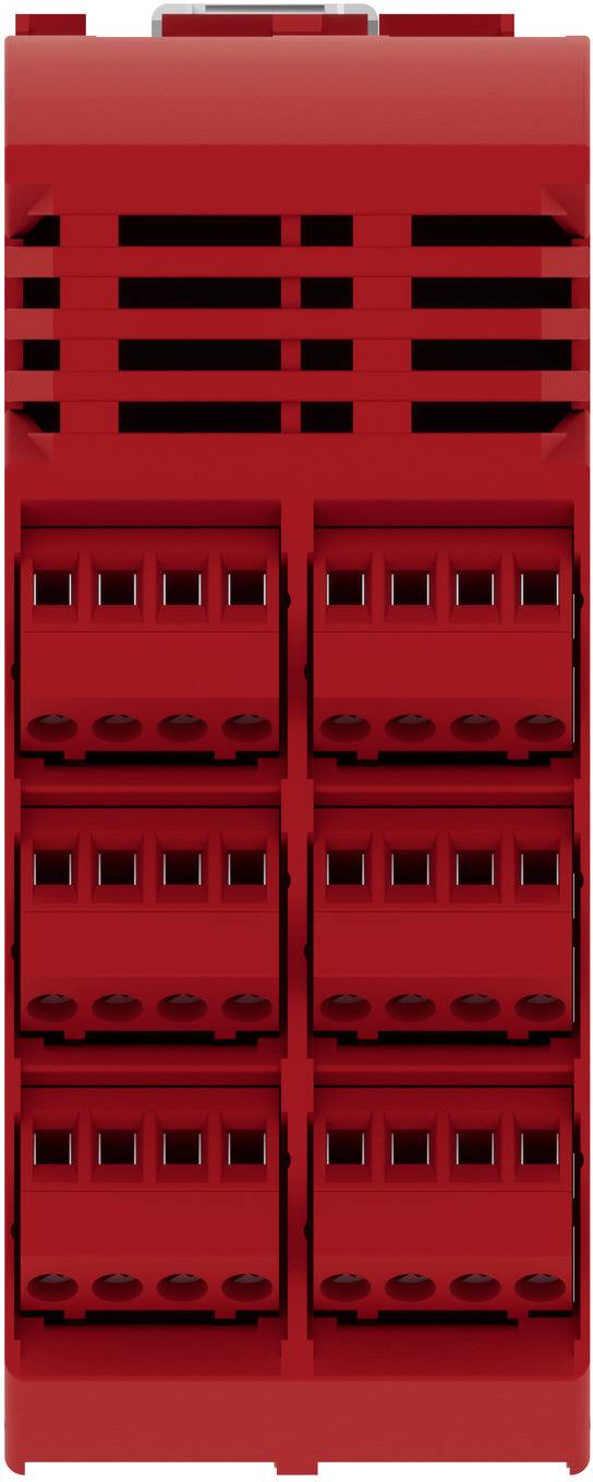 Rotes LEGO-ähnliches Elektronikmodul mit belüftetem Ober- und Frontblende, zeigt sechs übereinander gestapelte Steckverbinderabschnitte und kleine Indikatoröffnungen.