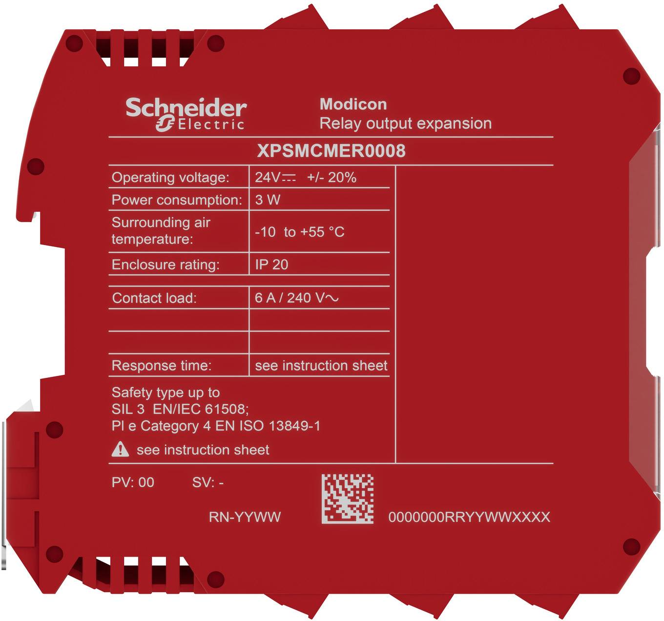 Rotes Schneider Electric Modicon Relaisausgang-Erweiterungsmodul mit der Bezeichnung XPSMCMER008 mit Spezifikationen einschließlich 24V-Versorgung, IP20, 6A/240V-Kontaktbelastung und Sicherheitsbewertungen.
