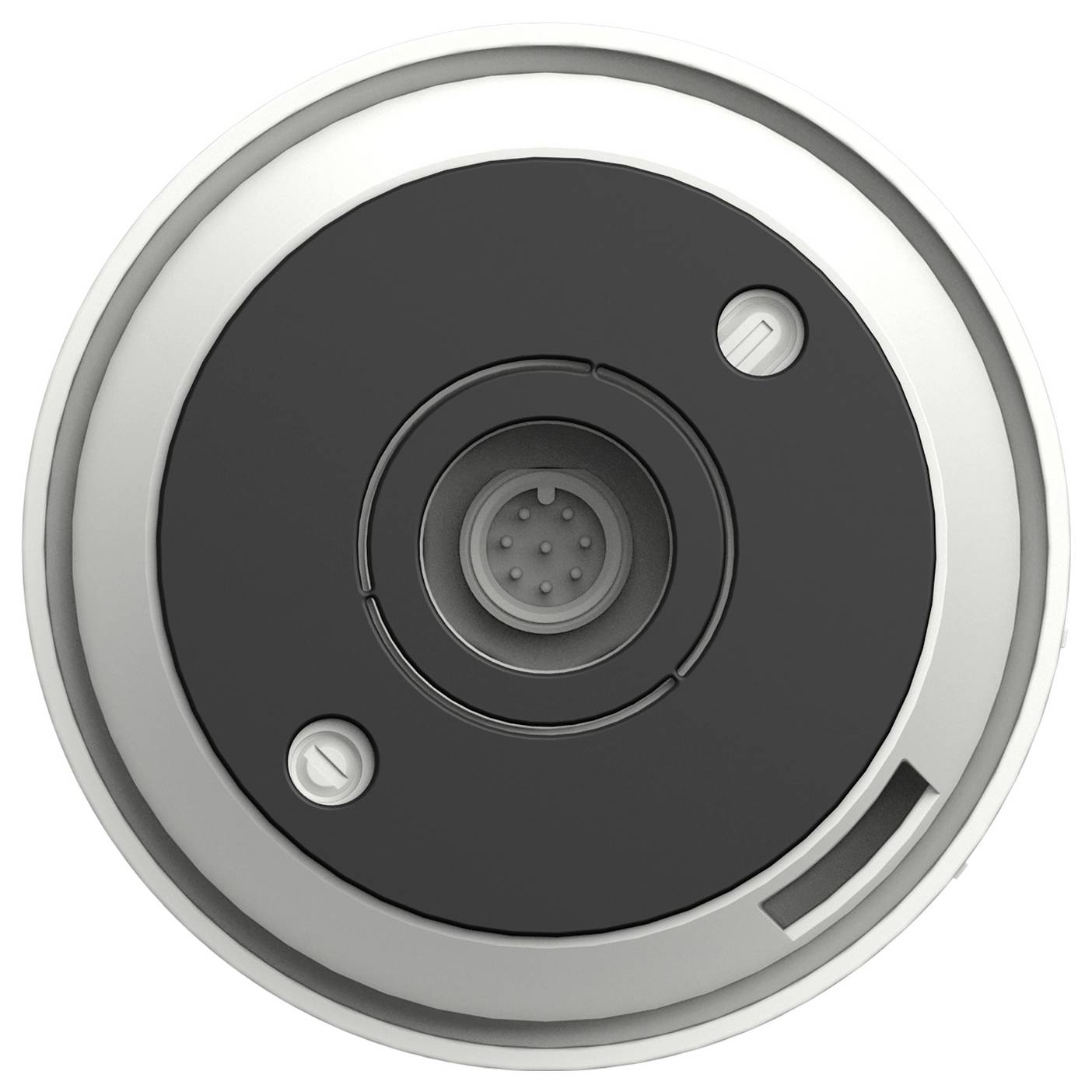 Nahaufnahme eines runden Deckenrauchmelders mit einem zentralen Sensor und zwei Befestigungsschrauben auf weißem Hintergrund.