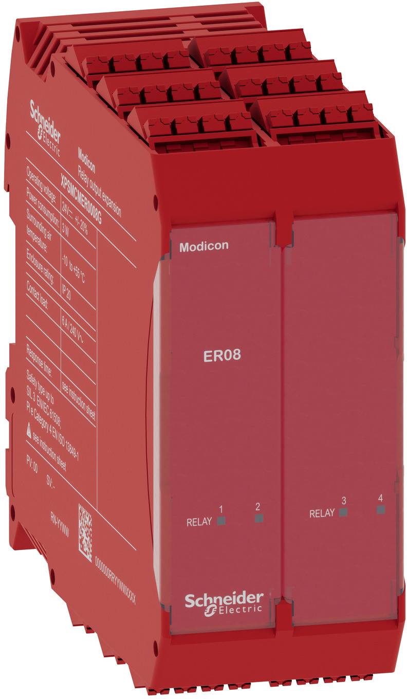 Rotes Schneider Electric Modicon ER08-Relaismodul mit nummerierten Anschlüssen auf weißem Hintergrund.