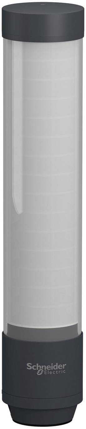 Grau zylindrisches Schneider Electric-Gerät mit dunklen Kappen und durchscheinendem Gehäuse, aufrecht wie ein Sensor oder eine Patrone dargestellt.