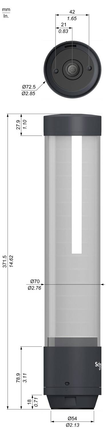Technische Zeichnung eines zylindrischen Geräts mit Vorder- und Seitenansicht, zeigt Abmessungen: etwa 42 mm breit, 371,5 mm hoch und 54 mm Basisdurchmesser.
