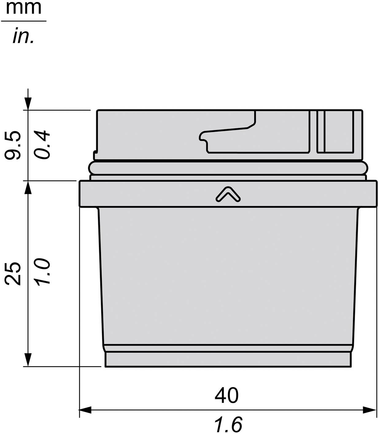 Technische Zeichnung eines zylindrischen Behälters mit Deckel, mit den folgenden Abmessungen: 40 mm Breite, 25 mm Höhe des Behälterkörpers und 9,5 mm Höhe des Deckels.