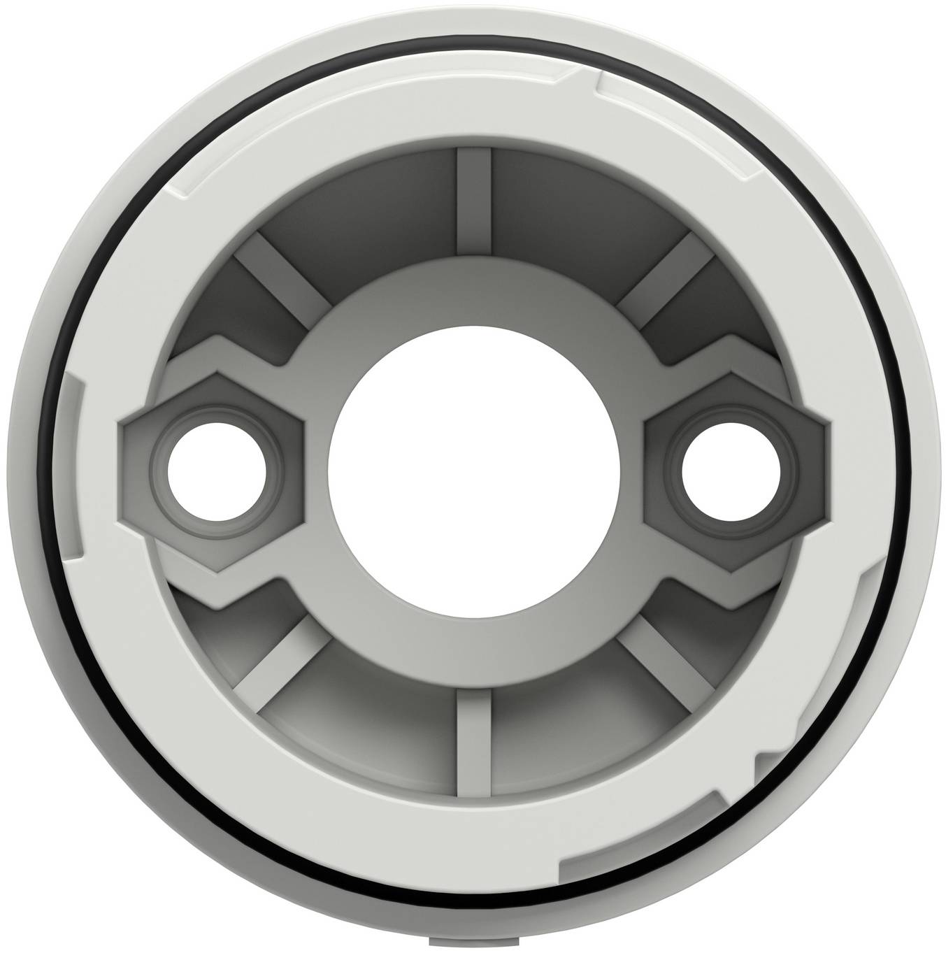 Vorne angebrachtes, graurundes mechanisches Teil mit großer mittlerer Öffnung und zwei kleineren Seitenlöchern, auf einfarbigem Hintergrund dargestellt.