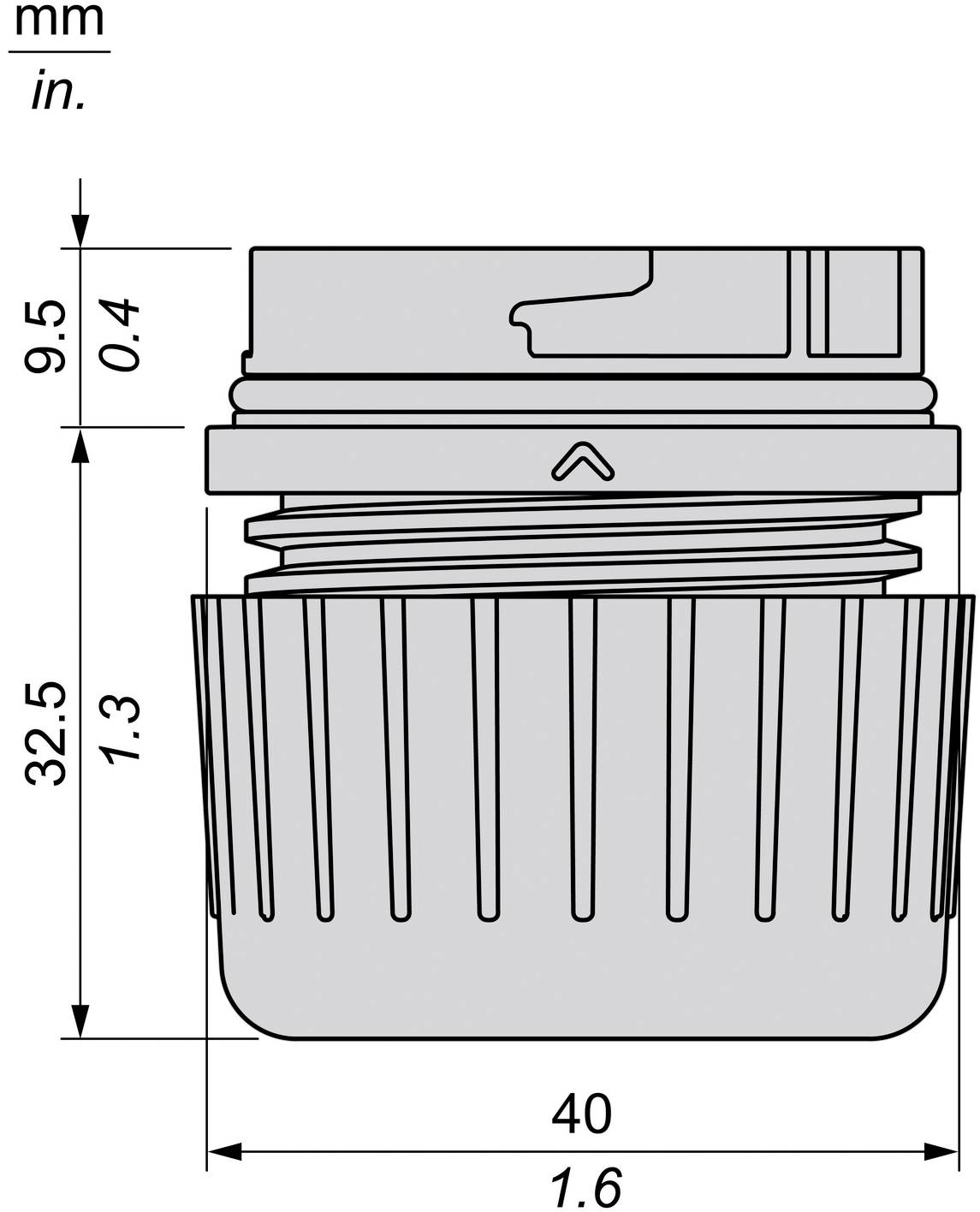 Technische Maßzeichnung einer zylindrischen Gewindelkappe oder eines Behälters, mit Angaben in mm und in., die eine Höhe von 32,5 mm (1,3 in.) und eine Breite von 40 mm (1,6 in.) mit einem oberen Abschnitt von 9,5 mm (0,4 in.) Höhe zeigt.