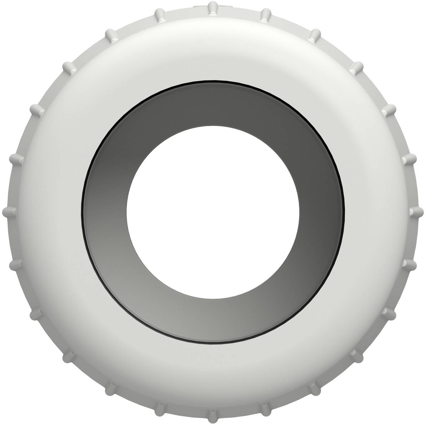 Weißer, kreisförmiger Reifen oder Felge von oben gesehen mit dunklem inneren Ring und zentraler Öffnung auf einfachem Hintergrund.