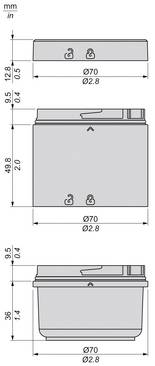 Technische Maßzeichnung eines zylindrischen Behälters mit Seiten- und Draufsicht mit Maßangaben in mm/Zoll, einschließlich 70 mm Durchmesser und etwa 49,8 mm Höhe.