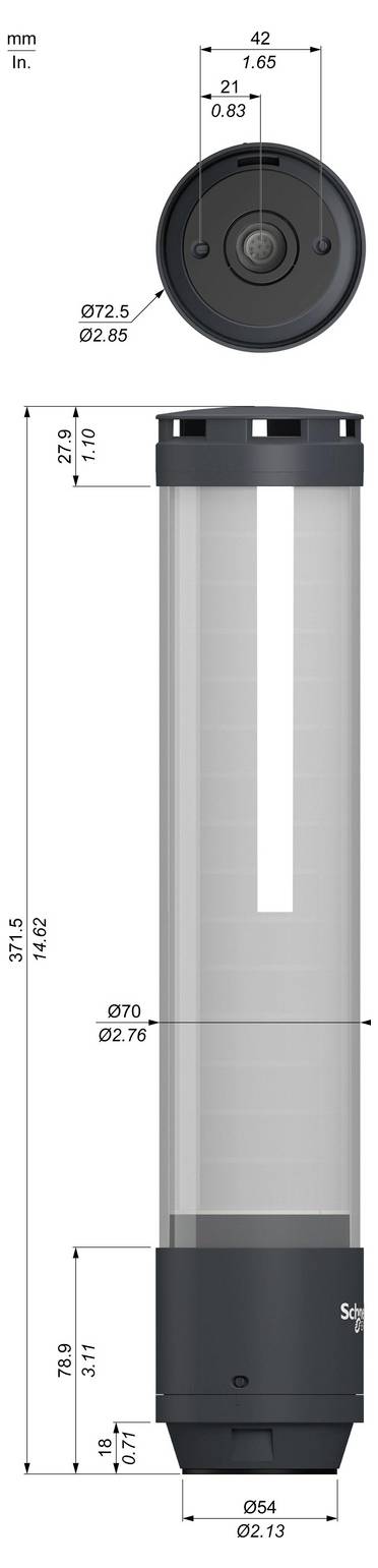 Technische Produktzeichnung eines zylindrischen Geräts mit Draufsicht und Seitenansicht, mit Abmessungen in Millimetern und Zoll.