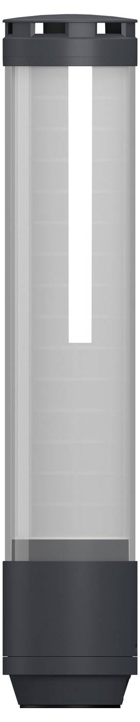Hohles graues zylindrisches Gerät mit schwarzer Oberseite und Basis, das einer Batterie oder Kartusche ähnelt, vor weißem Hintergrund dargestellt.