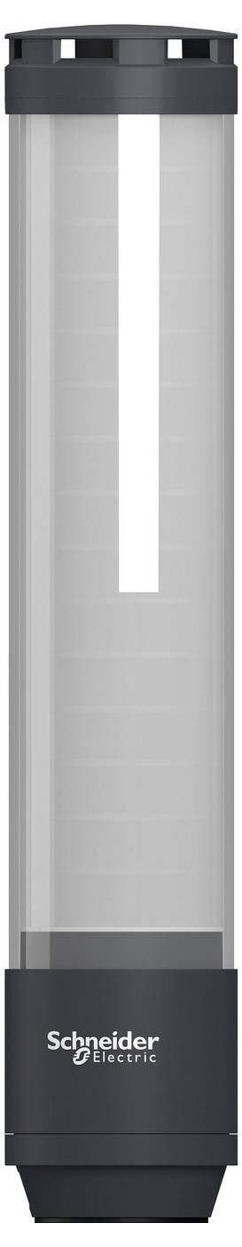 Schneider Electric cylindrical industrial sensor with gray body and black top and base, shown vertically on a white background.