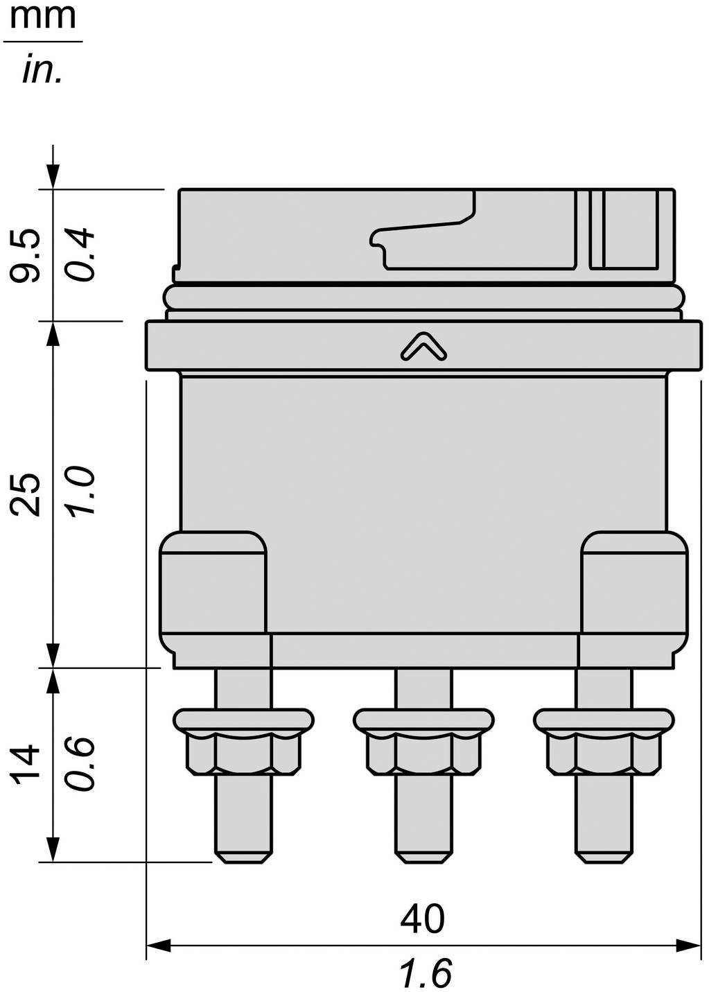 Technische Zeichnung einer dreianschlussigen elektronischen Komponente mit Abmessungen in mm und Zoll, wobei eine Breite von 40 mm, eine Höhe von 25 mm und ein oberer Abschnitt von 9,5 mm dargestellt sind.