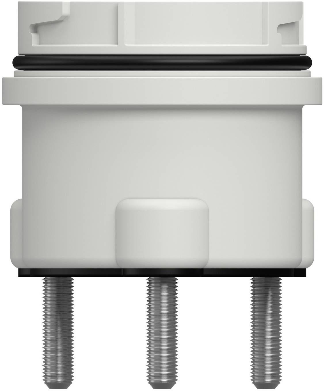 Nahaufnahme eines weißen zylindrischen elektrischen Steckers oder Sensoregehäuses mit drei nach unten ragenden Gewindestiften zur Befestigung.