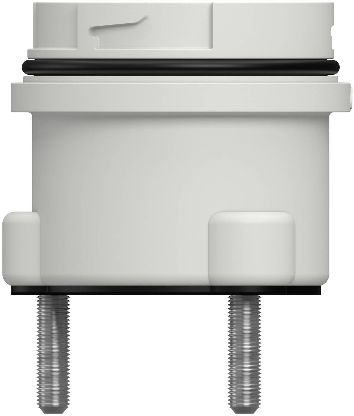 Graue elektrische Anschlussdose mit zwei gewindelosen Metallbefestigungsstiften, die von unten herausragen