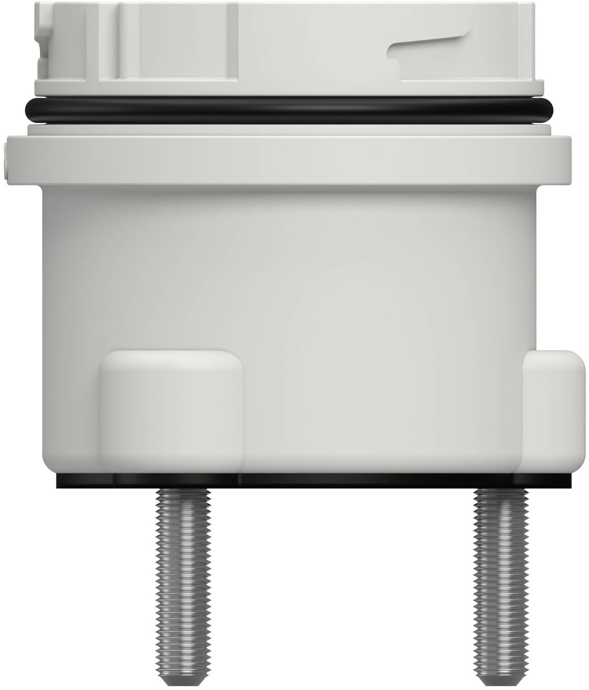 Nahaufnahme einer grauen zylindrischen mechanischen Komponente mit zwei Gewindeschrauben, die von unten herausragen.