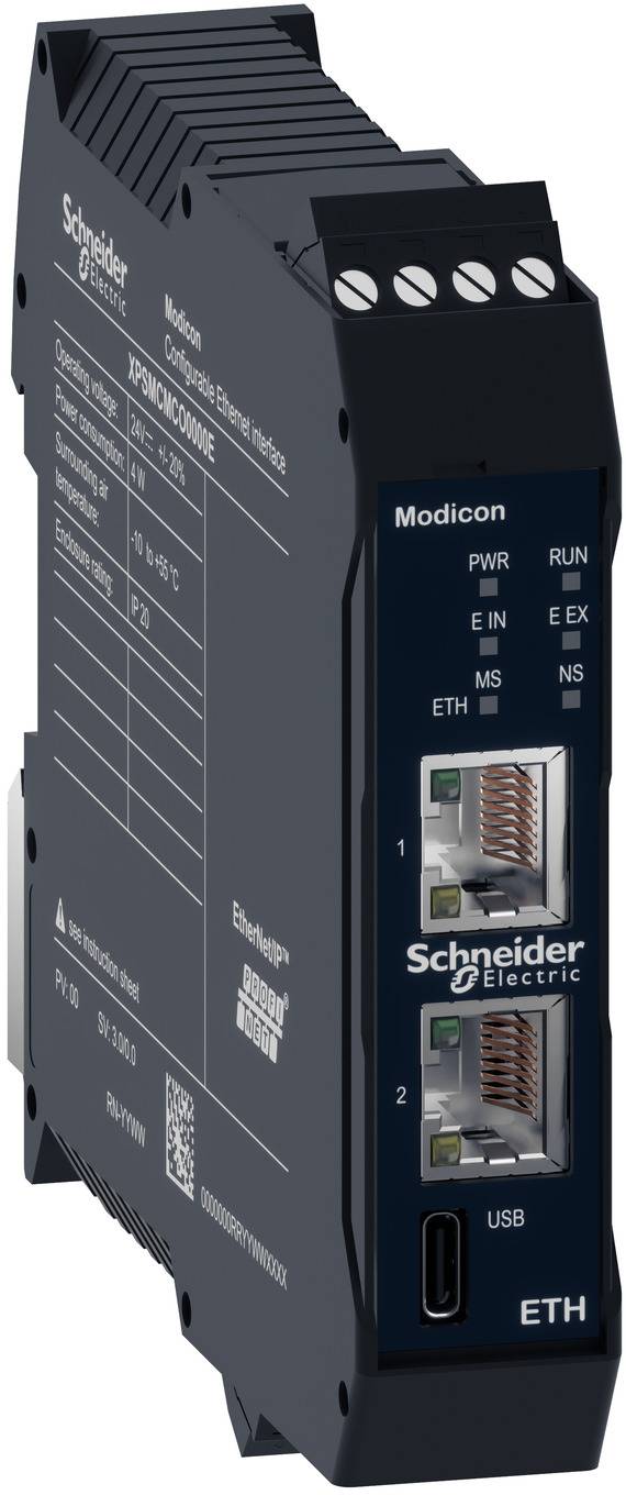 Schneider Electric Modicon Industrie-Ethernet-Modul mit Status-LEDs, zwei Netzwerkports und USB-Anschluss auf einem schwarzen DIN-Schiengerät.