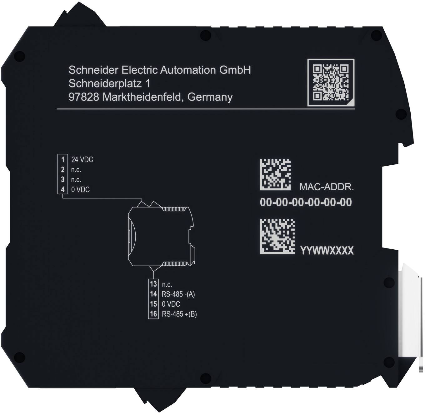 Schwarzes Schneider Electric-Automatisierungsmoduletikett mit Stromversorgung und RS-485-Anschlussplan, QR-Codes und MAC-Adressplatzhalter.