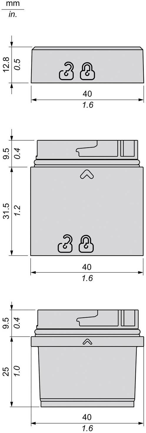 Technische Zeichnung eines kleinen quadratischen Behälters, dargestellt in drei Ansichten mit Abmessungen: 40 mm Breite, 31,5 mm Körperhöhe, 25 mm Gesamthöhe und 12,8 mm oberer Abschnitt.