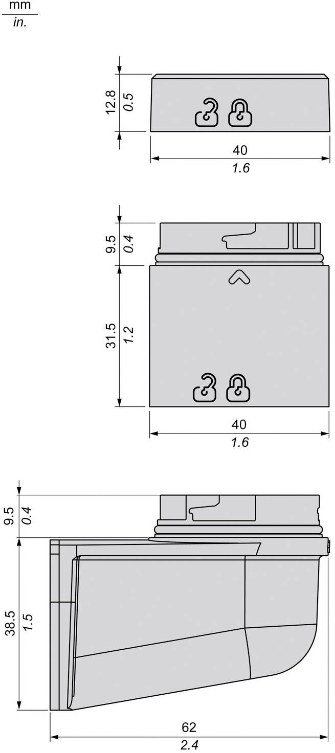 Technische Maßzeichnung eines kleinen grauen mechanischen Teils in Vorder- und Seitenansicht mit Abmessungen in mm und Zoll.