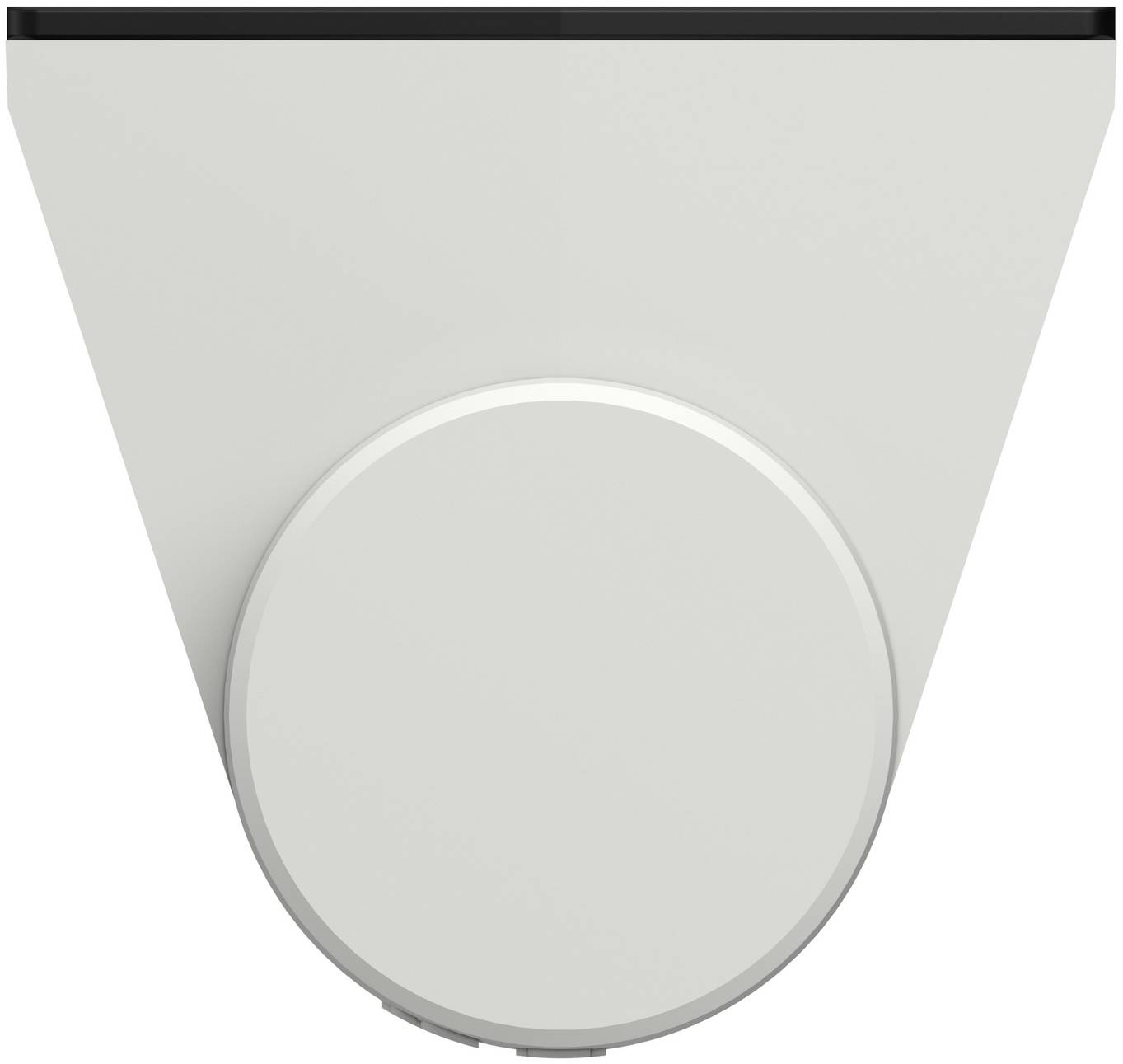 Ein minimalistisches, grau wandmontiertes Gerät mit einem großen kreisförmigen Bedien- oder Sprecherlautsprecher-Panel in der Mitte der Vorderseite.