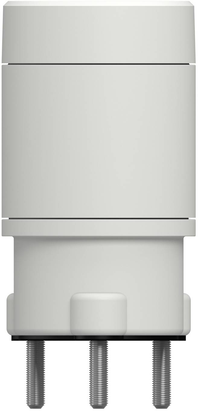 Vorderansicht eines zylindrischen elektrischen Steckverbinders oder Sensorgehäuses mit drei gewindelten Metallstiften, die sich von unten erstrecken.