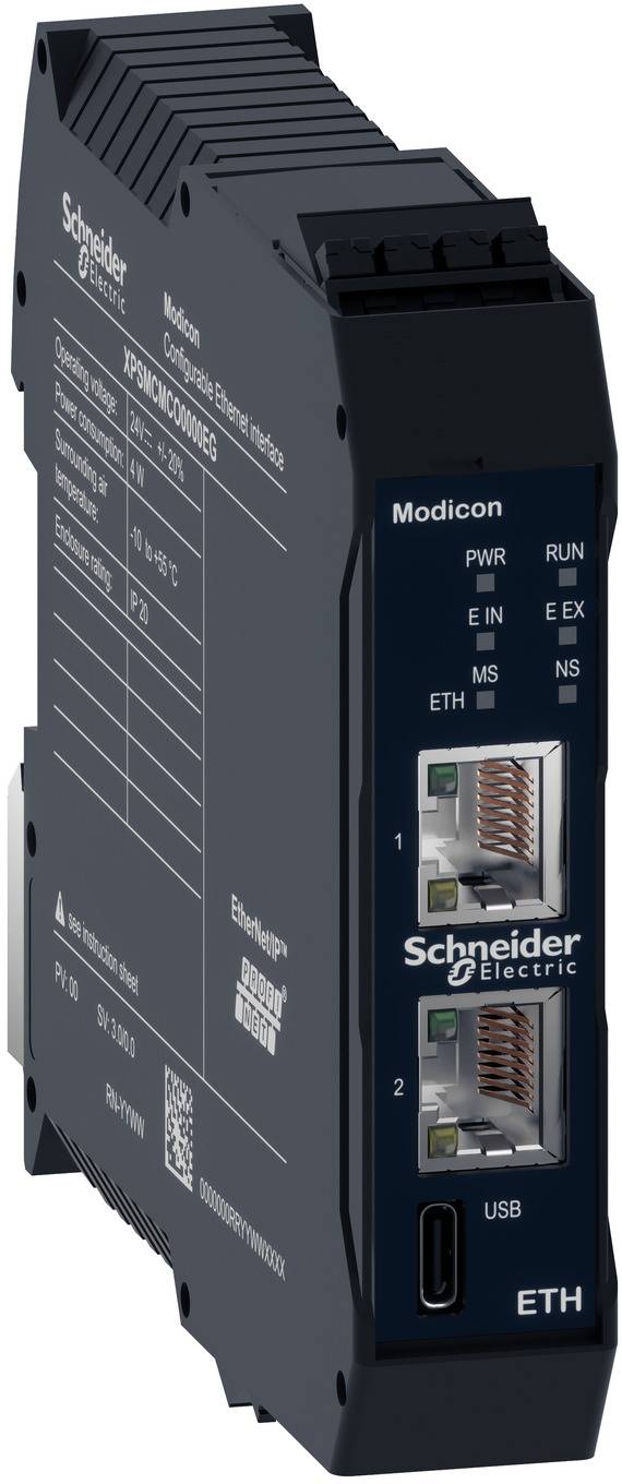 Schneider Electric Modicon industrielles Ethernet-Modul mit Statusanzeigen, zwei Netzwerkports und USB-Port an der Vorderseite.