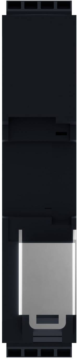 Eine schwarze rechteckige elektronische Komponente mit einem silbernen Metallstecker in der unteren Mitte, dargestellt auf einem einfachen Hintergrund.