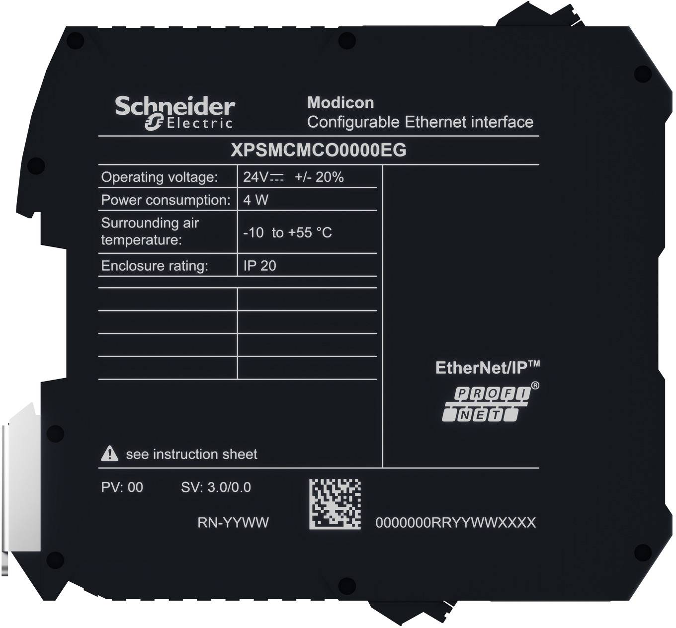 Etikett auf einem konfigurierbaren Ethernet-Schnittstellenmodul Schneider Electric Modicon, Modell XPSMCMCO0000EG, mit elektrischen Spezifikationen und EtherNet/IP/PROFINET-Logos.