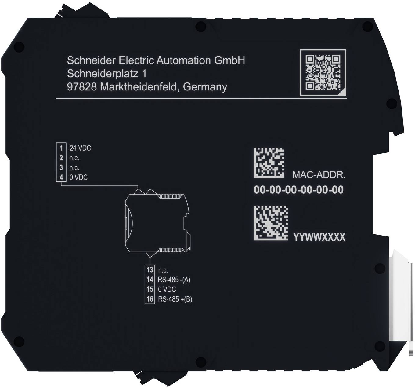 Schwarzes Schneider Electric Modoletikett mit Adresse und Verdrahtungsplan, einschließlich QR-Codes, MAC-ADDR 00-00-00-00-00-00 und RS-485-Verbindungen.
