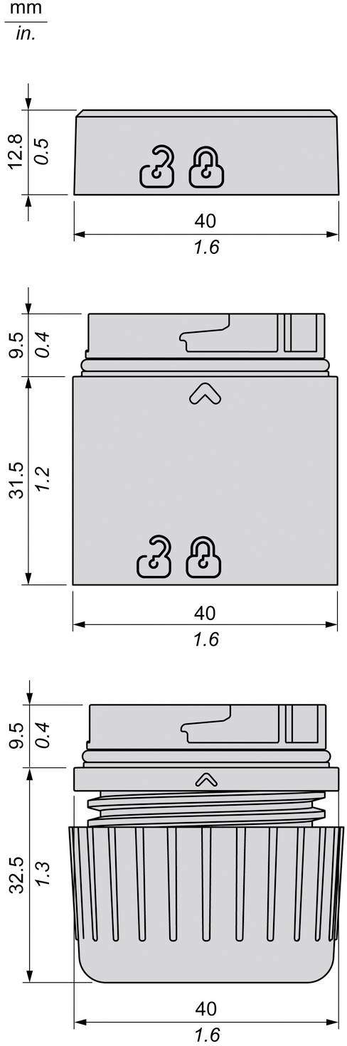 Technische Zeichnung eines kleinen Verschlussgehäuses, dargestellt in drei Ansichten, mit Abmessungen von 40 mm Breite und Höhen von 12,8, 31,5 und 32,5 mm.