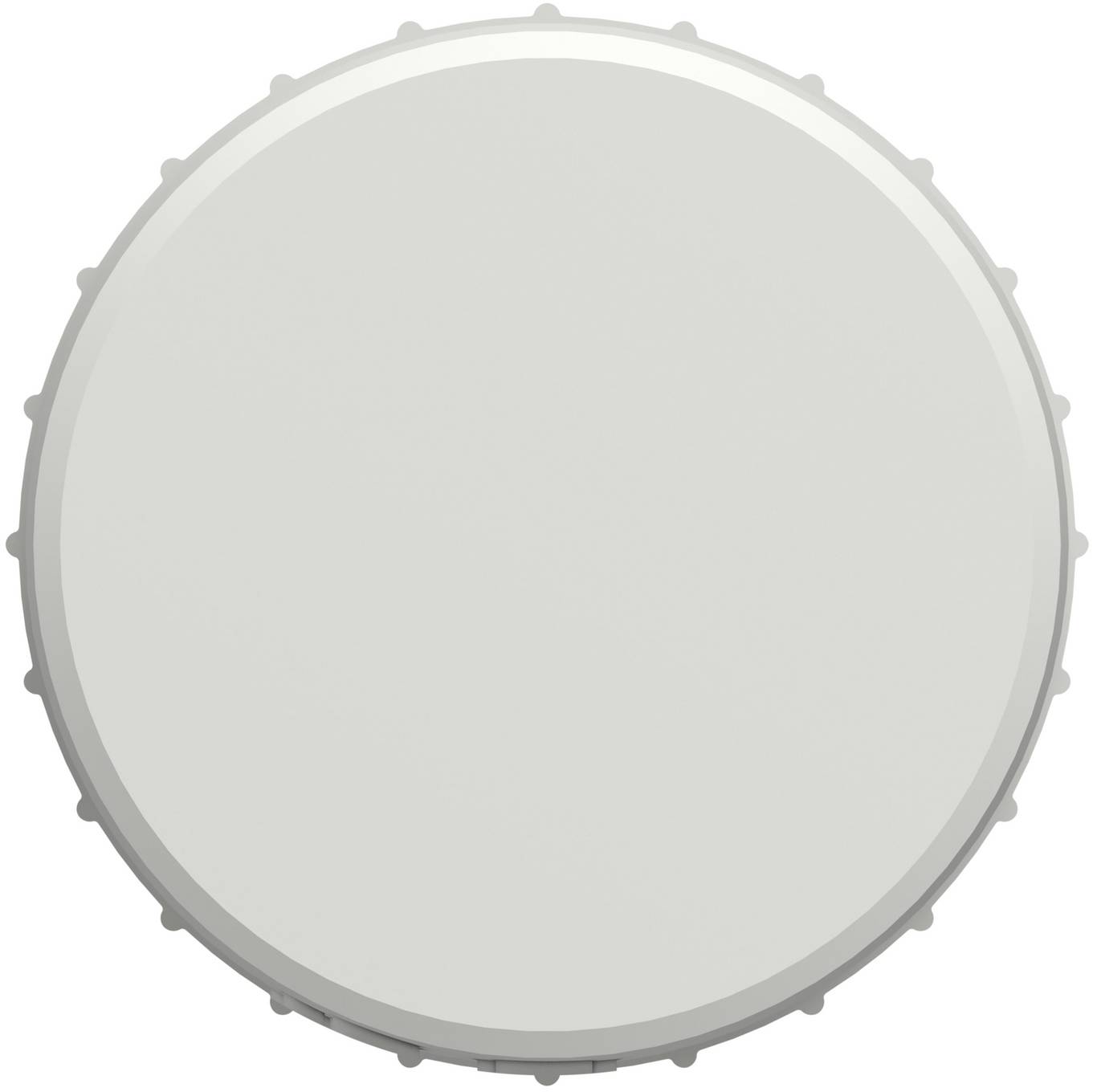 Blanker silbergrauer kreisförmiger Metall-Deckel oder Verschluss mit kleinen Rillen am Rand, gezeigt auf weißem Hintergrund.