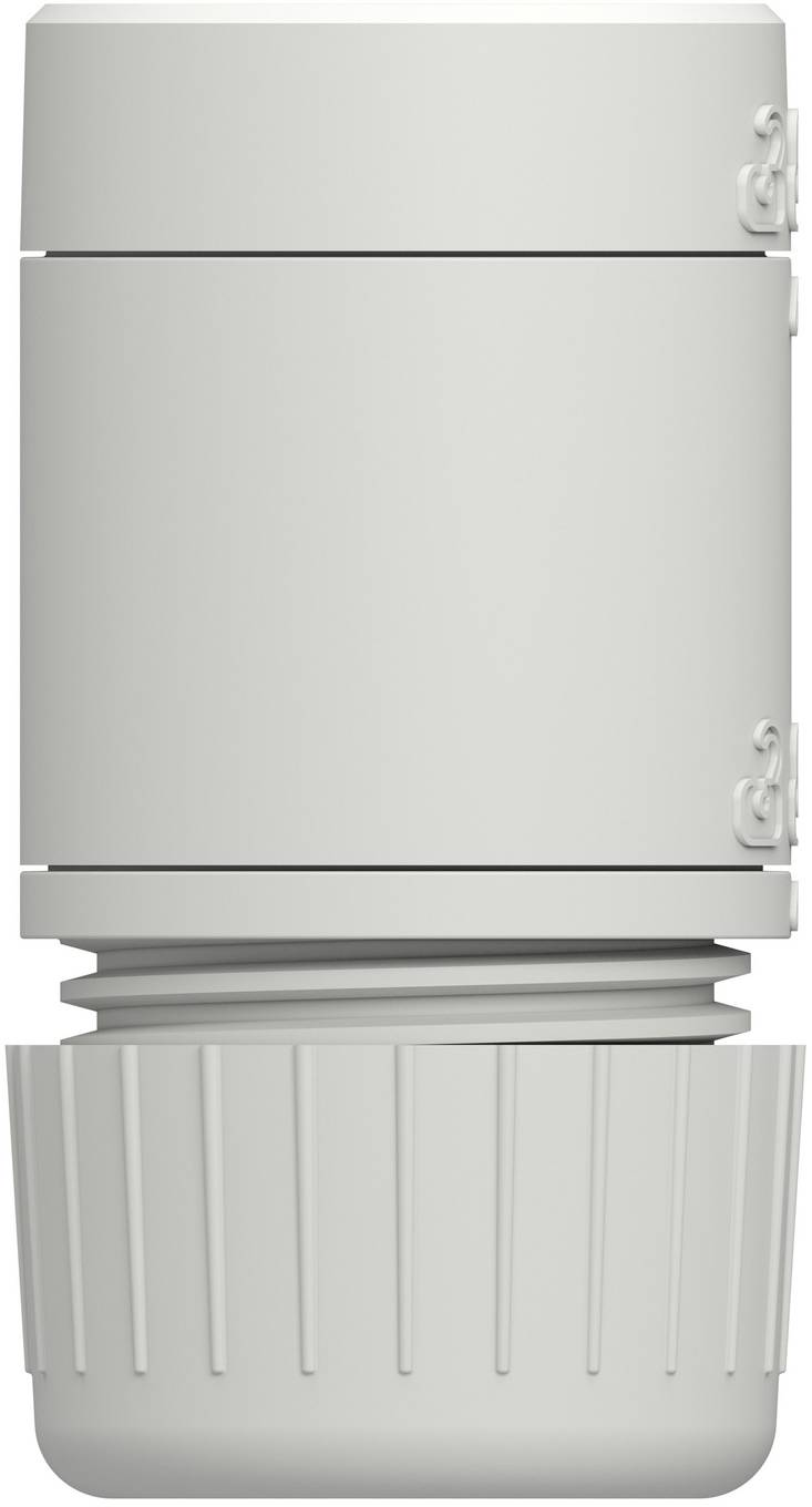 Grauer Kunststoffbehälter mit Gewinde und aufschraubbarem Deckel und geripptem Unterboden, isoliert auf weißem Hintergrund dargestellt.