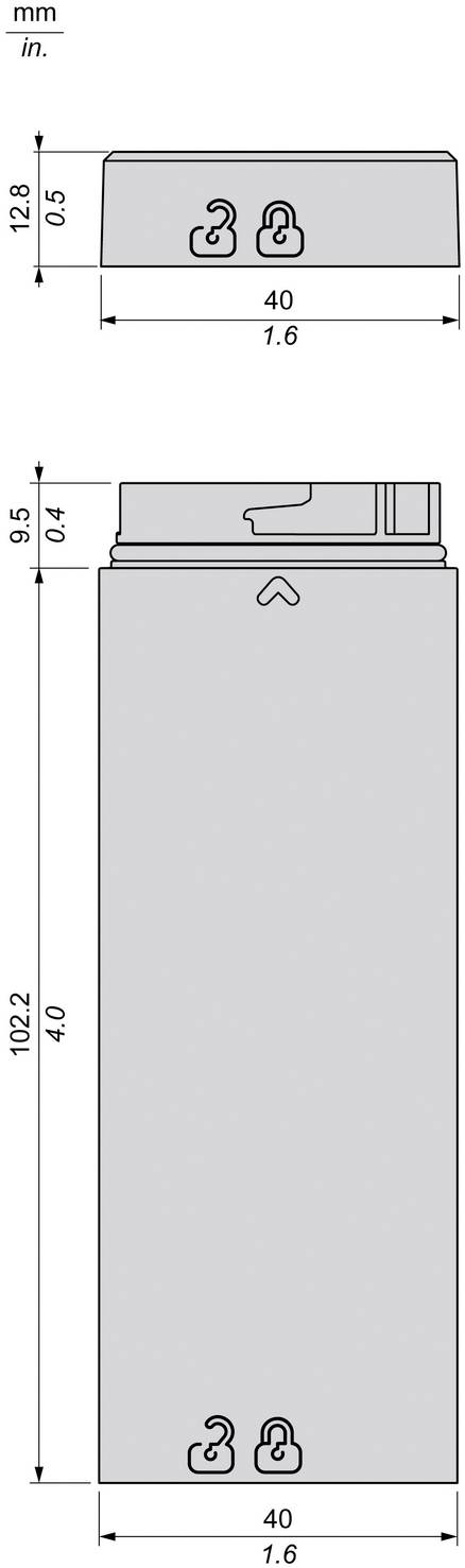 Bemessete technische Zeichnung eines rechteckigen Geräts, dargestellt in Front- und Seitenansicht, mit Beschriftung 40 mm Breite, 102,2 mm Höhe und 12,8/9,5 mm Tiefe.