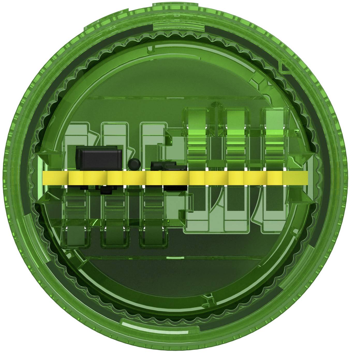 Grünes kreisförmiges digitales Symbol mit einem zentralen gelben horizontalen Band und geschichteten, durchscheinenden, schaltungsartigen Formen im Inneren.