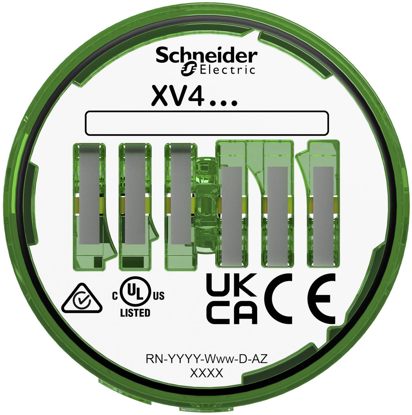 Schneider Electric XV4 rundes grünes Industriekontrollschaltflächenmodul mit Modelltext, Zertifizierungsmarkierungen und einem leeren Beschriftungsbereich.