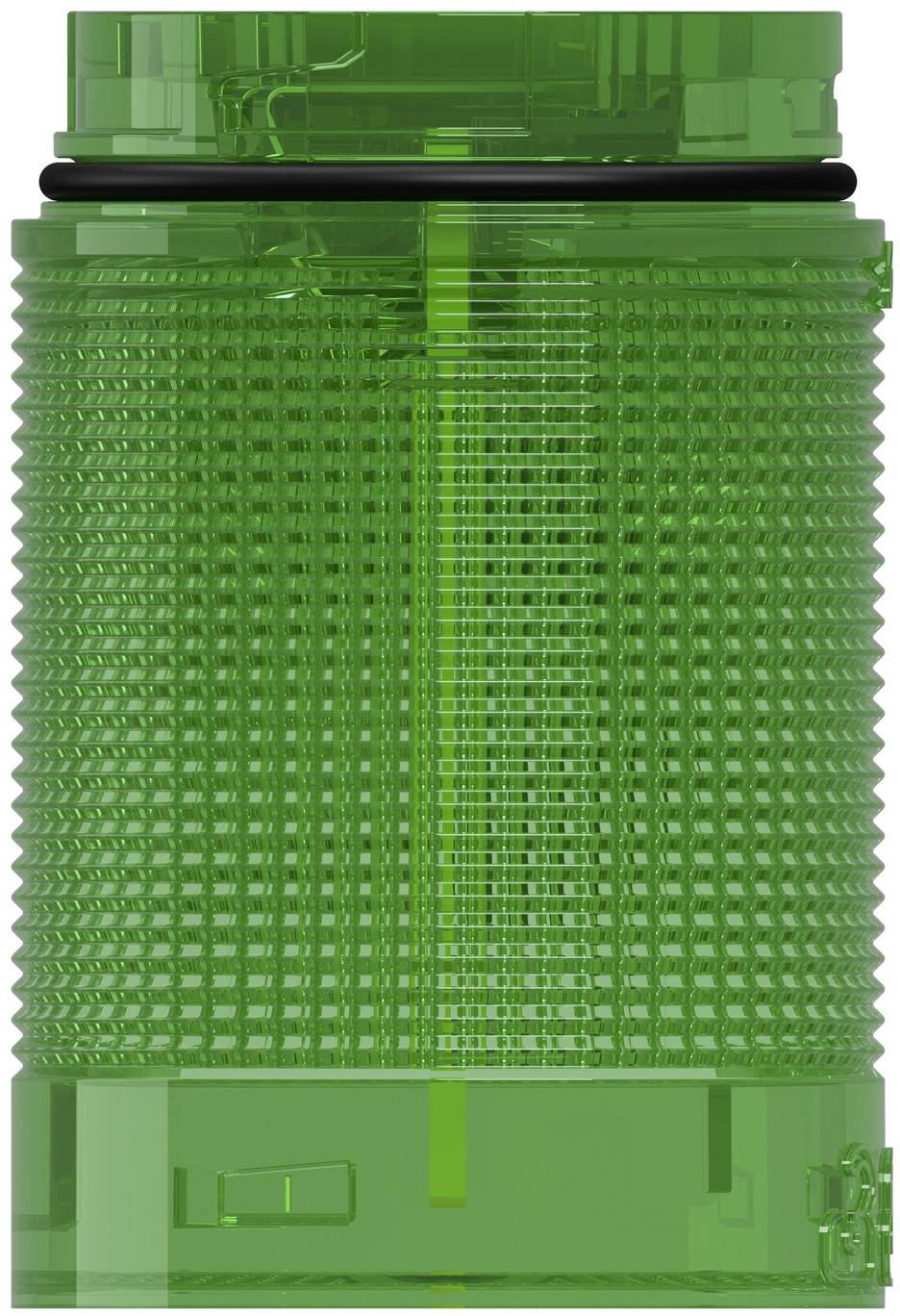 Grüne durchscheinende Kunststoffflasche oder Dose mit Rippen und aufschraubbarem Deckel, aufrecht auf weißem Hintergrund dargestellt.
