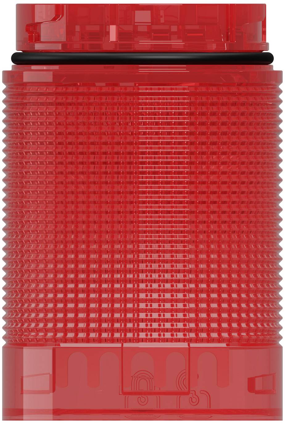 Rotes zylindrisches Signallicht mit gerippter Linse und schwarzer Dichtung, dargestellt auf weißem Hintergrund.