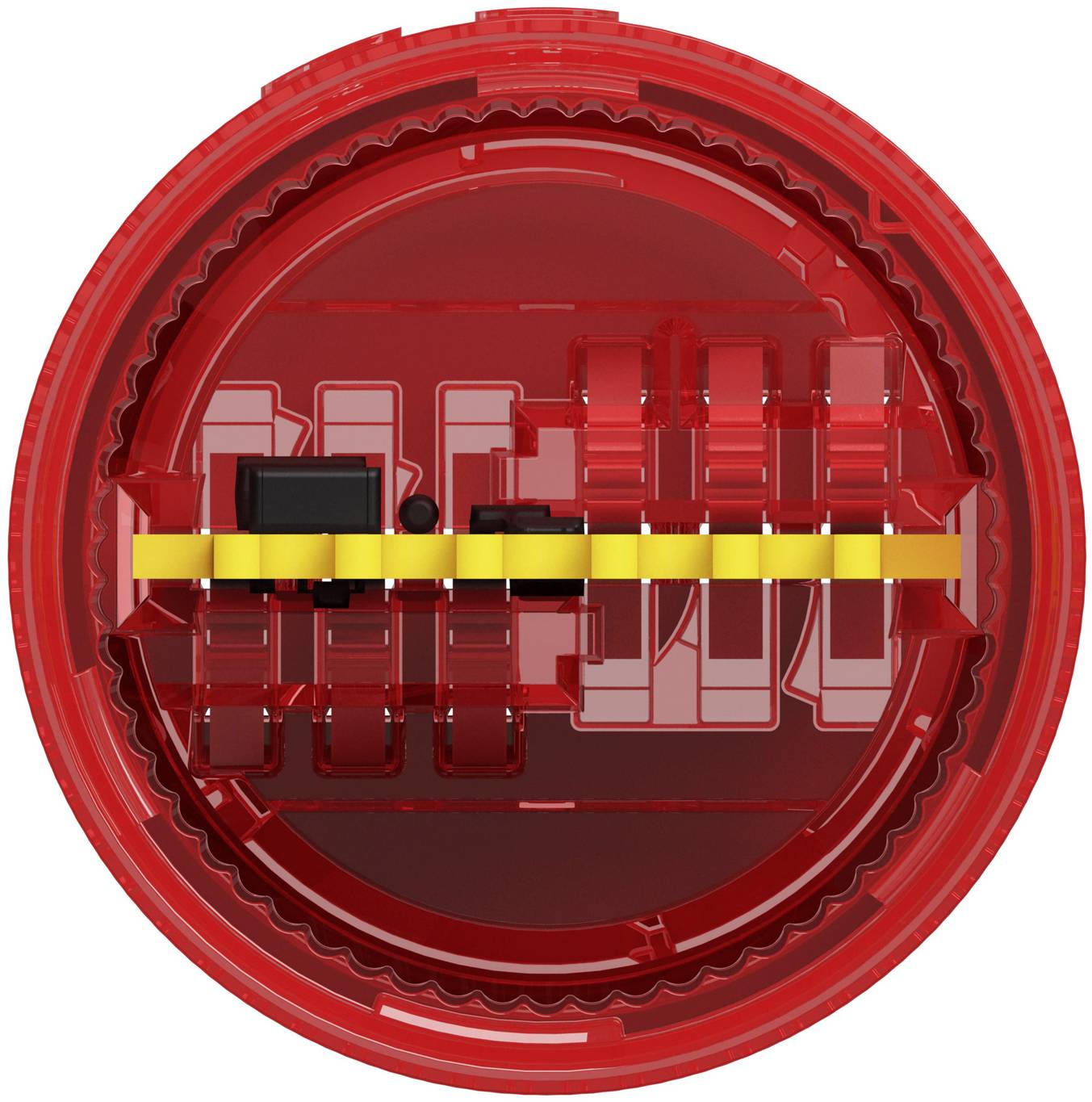 Rotes Rundwarnsignal mit einem gelben Balken horizontal über der Mitte auf weißem Hintergrund.