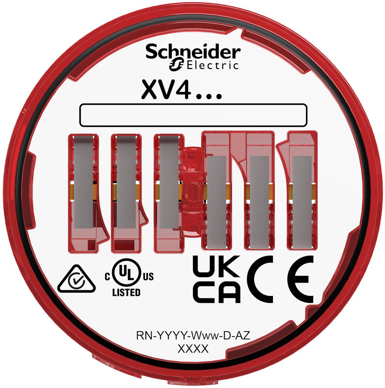 Schneider Electric XV4-Geräte-Etikett mit rotem Kreisrahmen, Modell 'RN-YYYY-Www-D-AZ XXXX' und Konformitätskennzeichen einschließlich UKCA, CE und UL-zertifiziert.