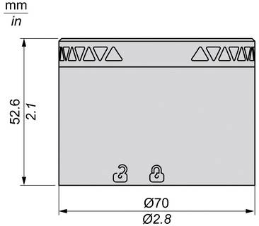 Bemaßte Zeichnung eines rechteckigen Teils, 52,6 mm (2,1 Zoll) hoch und 70 mm (2,8 Zoll) breit, mit dreieckigen Ausschnitten an der oberen Kante und zwei Kerben an der Unterseite.