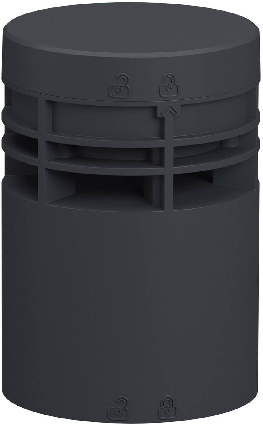 Schwarze zylindrische Lüftungsschlotkappe mit seitlichen Lamellen und Verriegelungs-/Entriegelungssymbolen auf oberen und unteren Ringen.