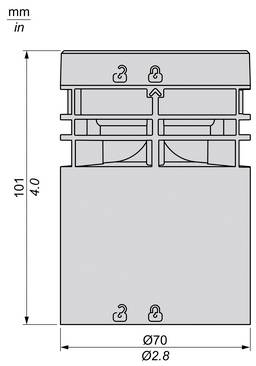 Technische Zeichnung eines zylindrischen Teils, das eine Gesamthöhe von 101 mm und einen Durchmesser von 70 mm zeigt, mit internen Schnittdetails und Montagefunktionen.